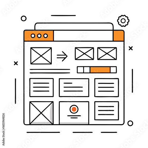 Wireframe user interface design sketch for website layout and user experience isolated on white background