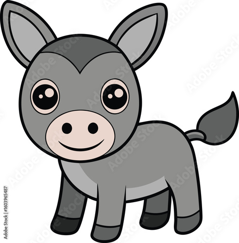 A cheerful, cartoon donkey foal stands innocently, its large eyes sparkling against a white background, conveying a sense of playful youth.