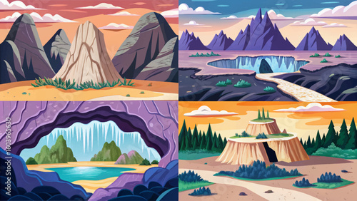 hollow mountain landscape set featuring deep caverns and layered ecosystems cartoon vector an ideal fantasy adventure map for storytelling, world-building, or RPG game environment	collection