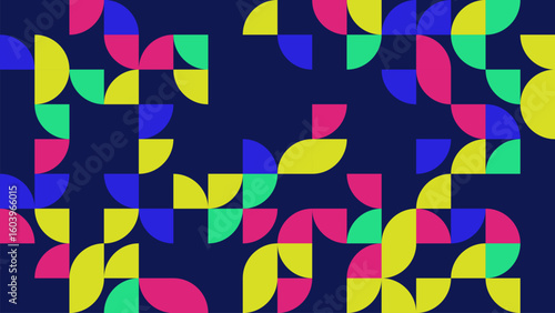 This vibrant geometric pattern features colorful shapes and curves set against a dark background, creating a striking visual appeal perfect for various creative projects.