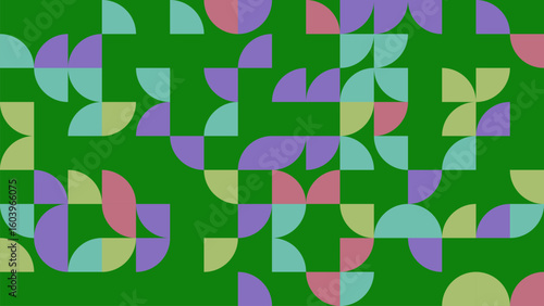 This abstract geometric pattern features colorful shapes arranged on a green background, perfect for creative design projects, art displays, or modern decor inspiration.