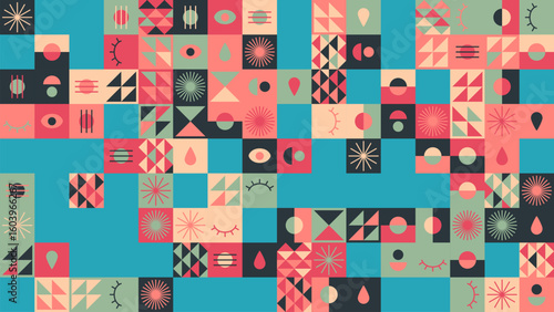 This vibrant abstract pattern features a lively mix of geometric shapes and symbols on a blue background, perfect for modern designs, textiles, and more.