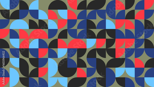 Explore a vibrant geometric pattern featuring colorful circles and curves. This modern design adds a stylish touch to any project, ideal for backgrounds or prints.