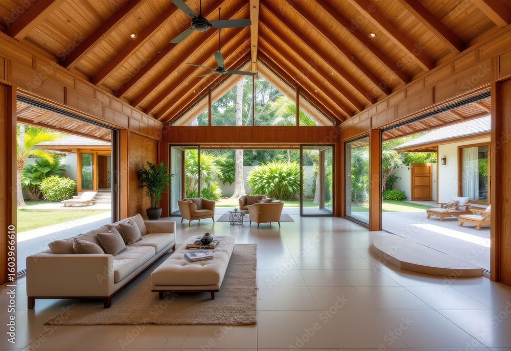 Fototapeta premium natural wood cladding and polished stone floor in a bright tropical villa open plan for ventilation