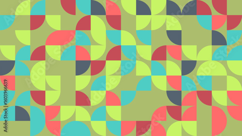 This vibrant abstract geometric pattern features colorful curves and shapes on a soothing green background. Ideal for creative projects, wallpapers, or artistic designs.