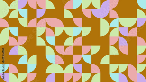 This vibrant geometric pattern features soft pastel shapes on a warm brown background, ideal for creative projects, backgrounds