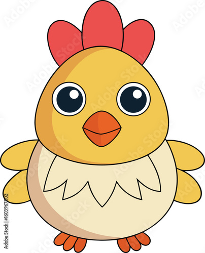 A cheerful yellow chick with large eyes stands against a white background, conveying a sense of innocent joy.