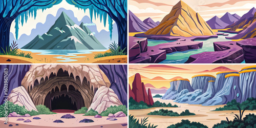hollow mountain landscape set featuring deep caverns and layered ecosystems cartoon vector an ideal fantasy adventure map for storytelling, world-building, or RPG game environment	collection