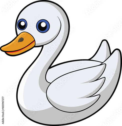 A cute cartoon cygnet with big blue eyes rests peacefully against a white background, conveying innocence and tranquility.