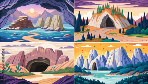 hollow mountain landscape set featuring deep caverns and layered ecosystems cartoon vector an ideal fantasy adventure map for storytelling, world-building, or RPG game environment	collection
