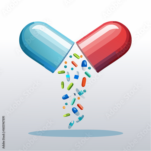 Flat icon of a falling capsule breaking apart in mid-air, vector layers separated for particle animation effect, suitable for health explainer videos