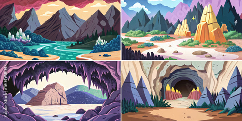 hollow mountain landscape set featuring deep caverns and layered ecosystems cartoon vector an ideal fantasy adventure map for storytelling, world-building, or RPG game environment	collection