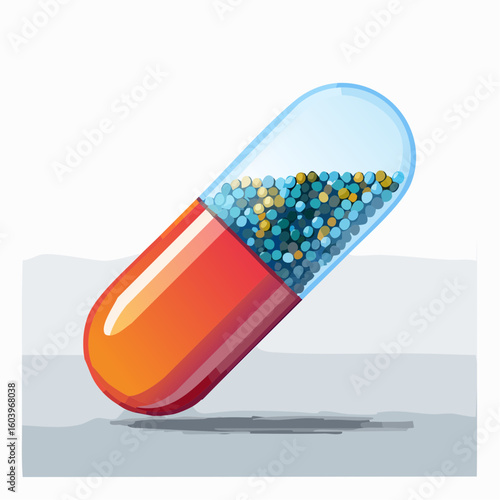 Flat vector capsule with transparency effect showing internal contents like small medicine balls, all elements grouped and layered for easy editing