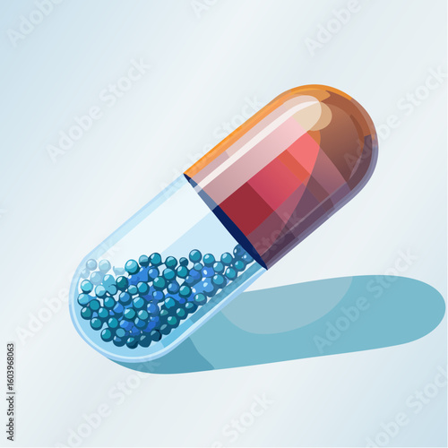 Flat vector capsule with transparency effect showing internal contents like small medicine balls, all elements grouped and layered for easy editing