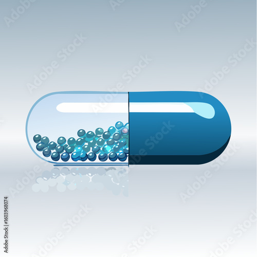 Flat vector capsule with transparency effect showing internal contents like small medicine balls, all elements grouped and layered for easy editing