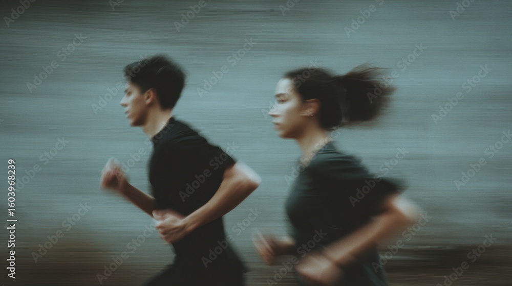 Fototapeta premium A man and woman are running side by side in motion blur against a muted grey background