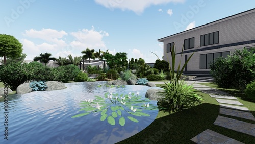 3d image of the landscape design of the home territory. Landscaping of the territory. Computer visualization of composite landscaping and landscaping solutions.	
