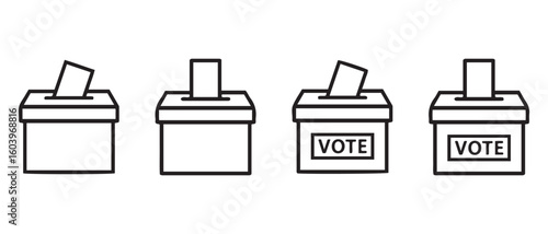 Flat Voting Icons Set. Ballot Box with “VOTE” Text in Outline & Filled Styles.