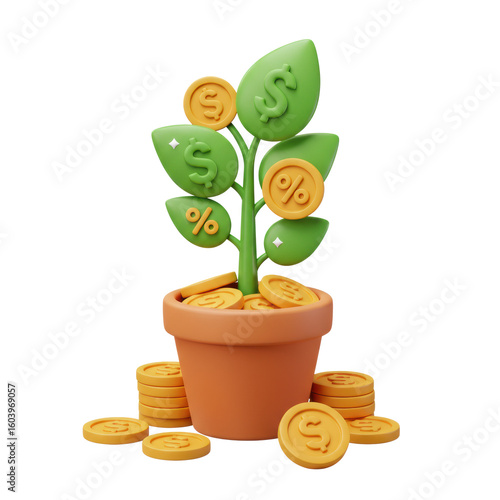 A cartoon plant growing money in a pot, symbolizing financial growth. isolated on a transparent background, png, cutout