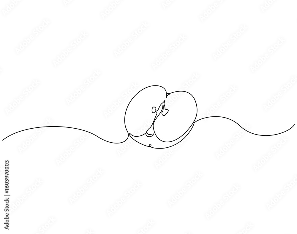 Obraz premium Continuous line drawing of apple slice. Single line illustration of apple fruit. Healty fruit concept. Editable outline