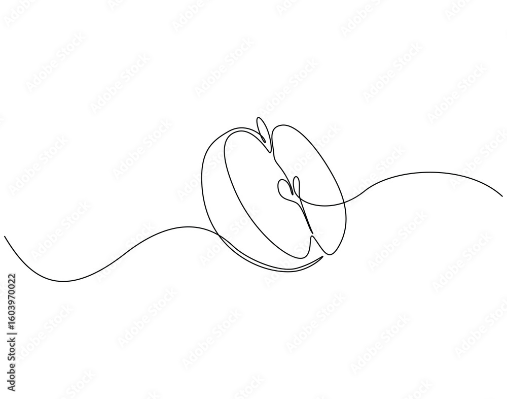 Obraz premium Continuous line drawing of apple slice. Single line illustration of apple fruit. Healty fruit concept. Editable outline