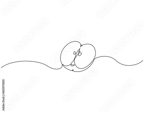 Continuous line drawing of apple slice. Single line illustration of apple fruit. Healty fruit concept. Editable outline