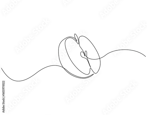Continuous line drawing of apple slice. Single line illustration of apple fruit. Healty fruit concept. Editable outline