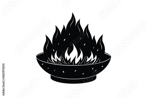 Black and White Illustration of a Fire Pit with Flames