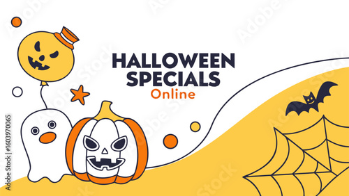 Illustration featuring halloween specials online with pumpkin, ghost, bat, spiderweb and balloon character