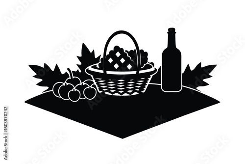 Black and White Illustration of a Picnic Basket with Wine and Fruit
