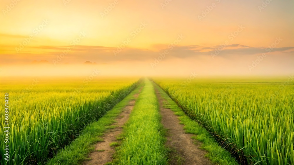 Fototapeta premium A dirt path winds through a lush green rice paddy field towards a hazy golden sunset sky