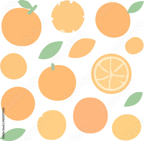 Cartoon Orange Fruits and Green Leaves.