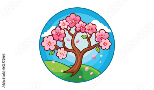 Easter egg with blooming cherry blossom tree and spring landscape