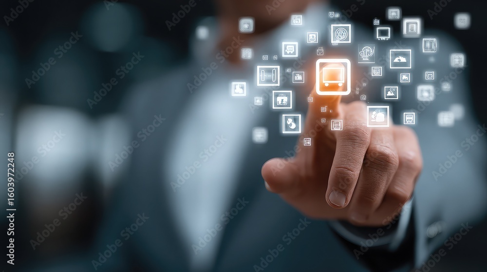 Businessman in office controlling digital interface with glowing icons, managing futuristic tech systems and communication tools in immersive augmented business environment [ Businessman in office controlling digital interface with glowing icons, managing futuristic tech systems and communication tools in immersive augmented business environment [