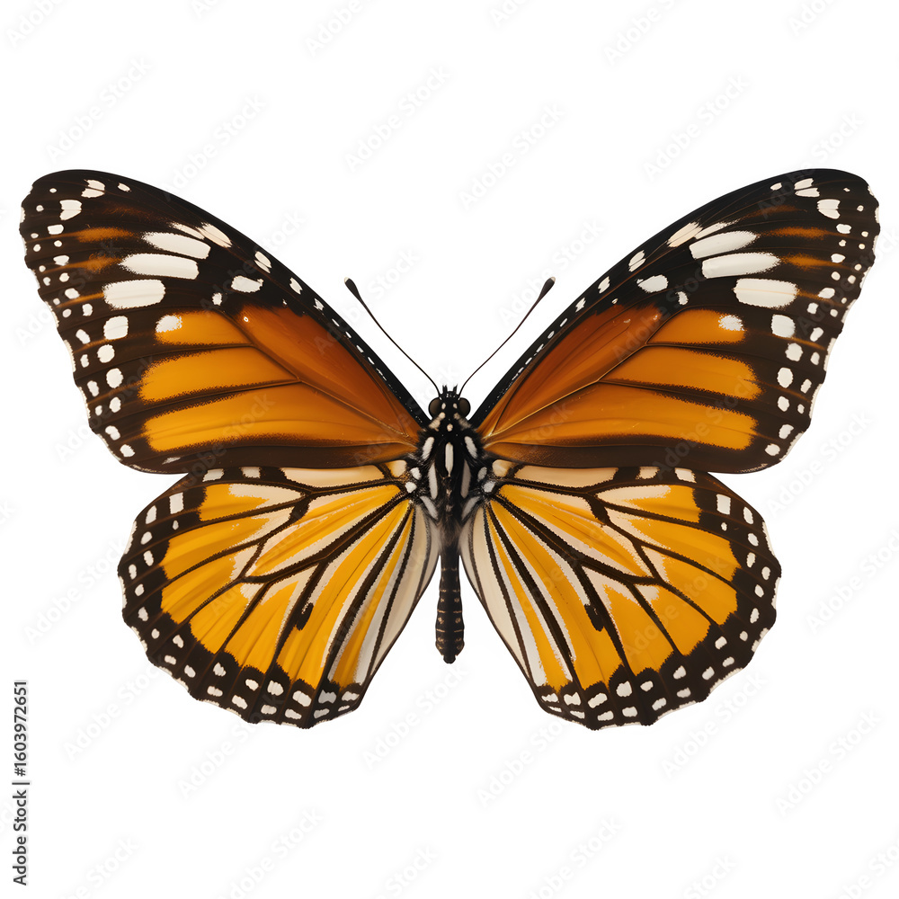 Fototapeta premium Elegant monarch butterfly with stunning orange wings isolated for educational or design projects