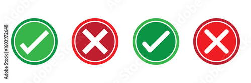 Checkmark and cross icons set. Different styles, checkmarks and crosses icons, red cross, green checkmark. Vector icons.