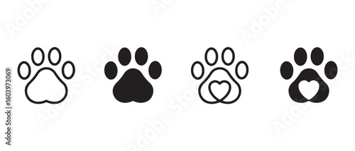 Paw Print Vector Icons with Heart Accents. Pet Logo Designs.