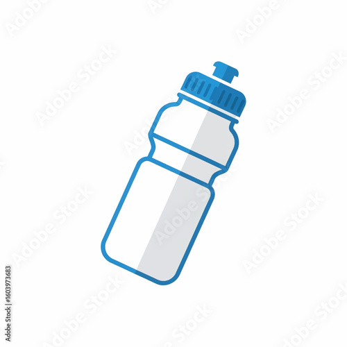 A stylized illustration of a white water bottle with a blue cap and accents, angled on a white background.