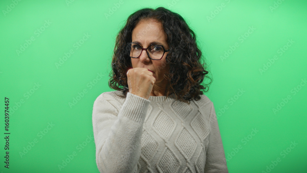 Hispanic woman with curly hair and glasses showing an angry expression with a fist against a green background. Hispanic woman with curly hair and glasses showing an angry expression with a fist against a green background.