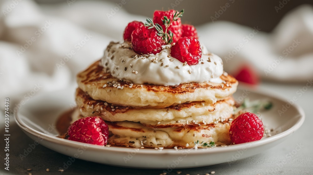 Delicious keto almond pancakes topped with whipped cream and fresh raspberries