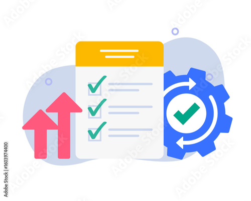 Automation operation update improving process icon flat vector graphic, performance productivity quality check list progress growth, efficient project kpi plan implement integration results