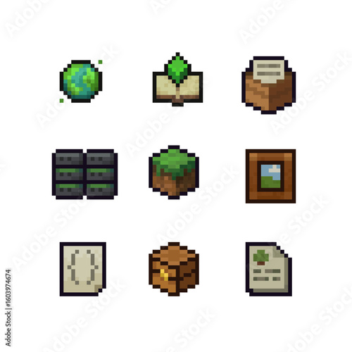 Pixel art icons set fantasy or sandbox game interface. Globe, book with crystal, wooden signpost, server racks, grass block, framed image, scroll, treasure chest, document. RPG or world-building UI.