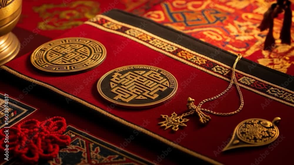 Intricate Golden Medallions and Jewelry on Red Fabric with Detailed Patterns Intricate Golden Medallions and Jewelry on Red Fabric with Detailed Patterns