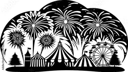 Silhouette of a fairground with tents ferris wheel trees and fireworks in a festive scene design