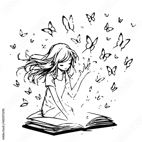 Illustration of a girl sitting with an open book releasing butterflies into the air in monochrome style