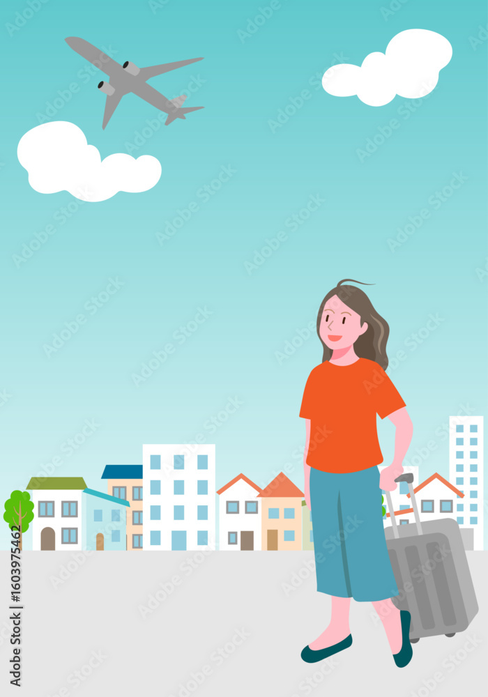 Vector illustration of young woman with suitcase looking up at airplane Vector illustration of young woman with suitcase looking up at airplane