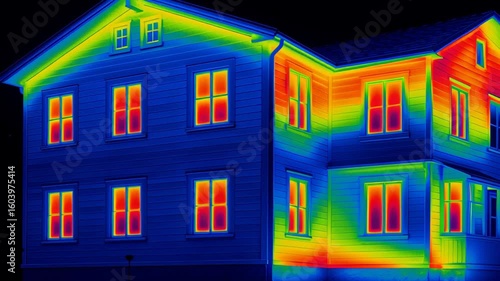 Energy audit of home. Thermal vdo of house heat loss through windows and walls showing insulation and energy efficiency with temperature variations