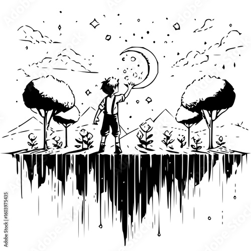 A boy reaching for the moon in a surreal landscape with trees mountains and a floating platform edge