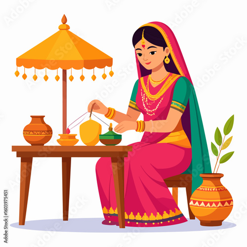 A woman in traditional attire performs a ritual with various items.