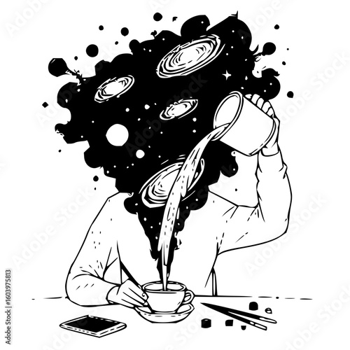 Person pouring liquid from a mug into a cup with galaxy and stars instead of a head illustration